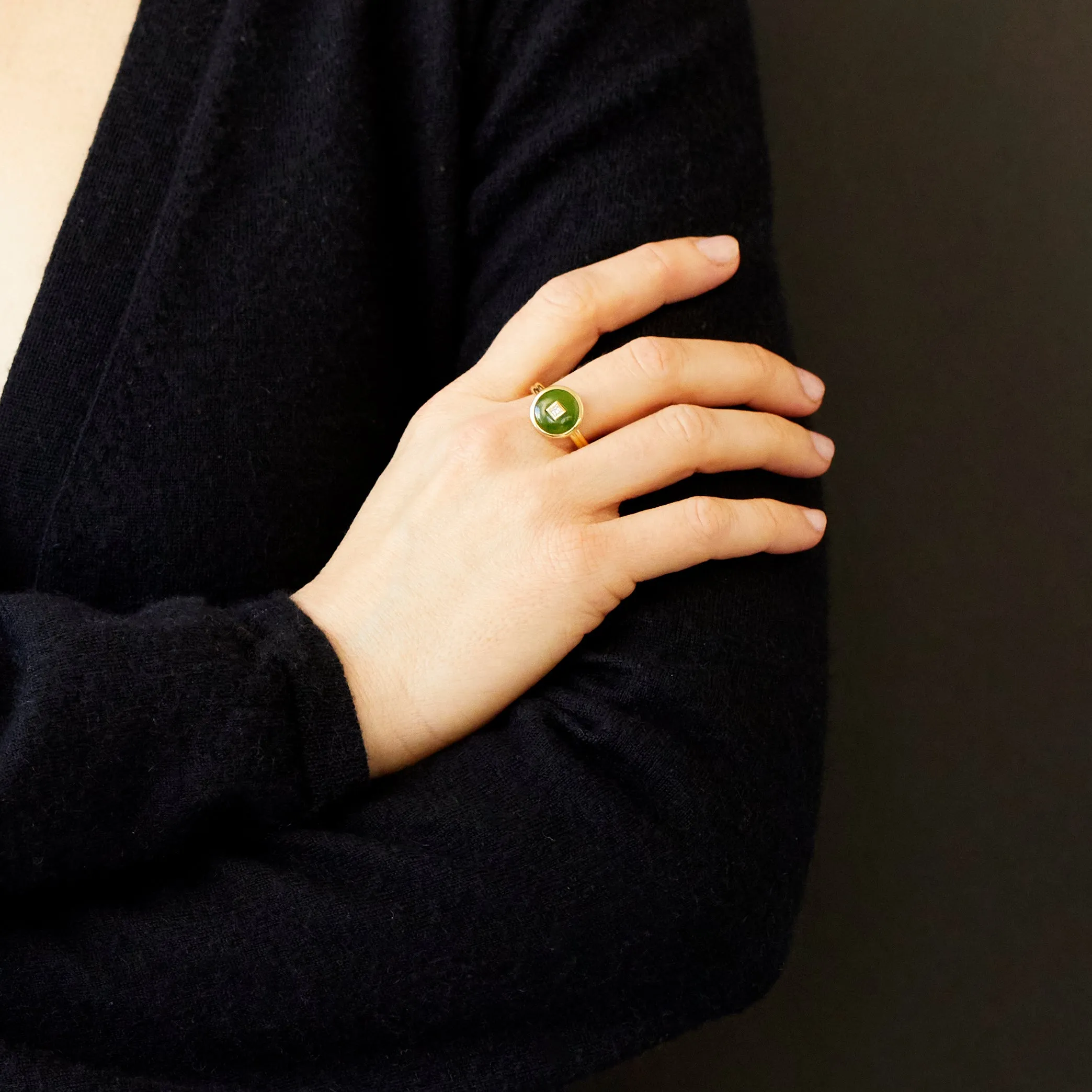 Diamond Nephrite Jade Double Band Ring, 18K Yellow Gold