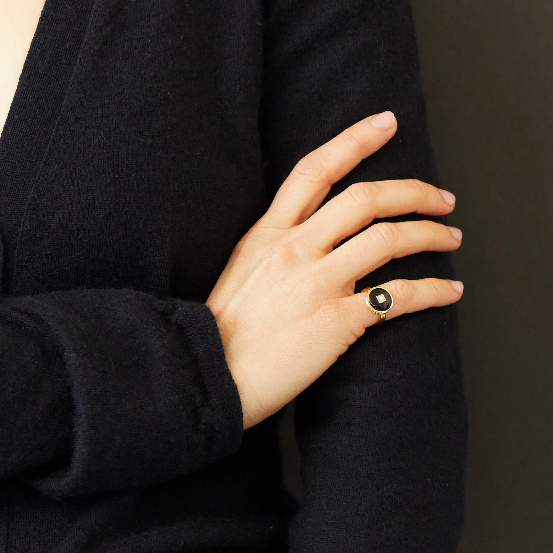 Diamond Onyx Double Band Ring, 18K Yellow Gold