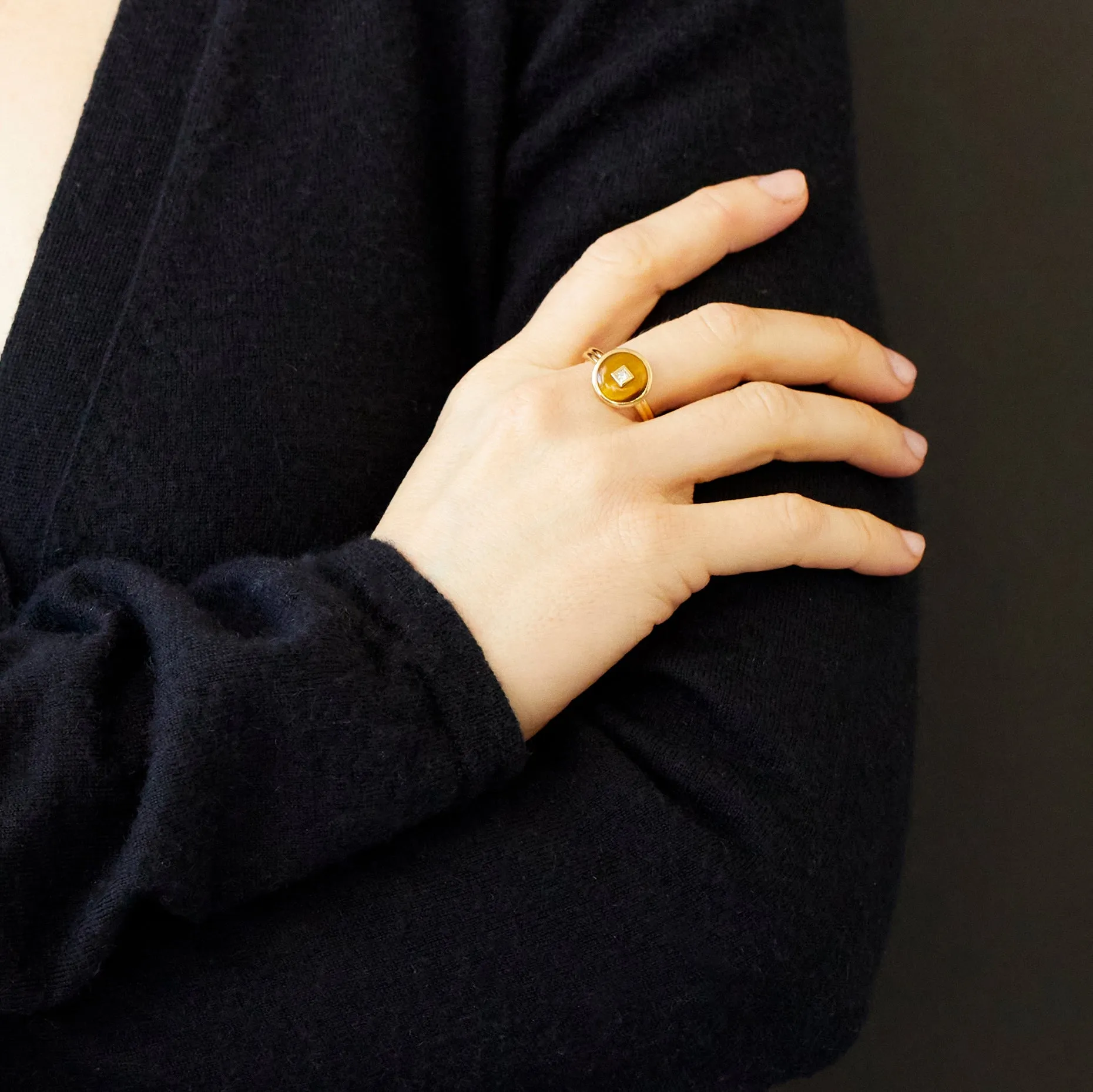 Diamond Tiger's Eye Double Band Ring, 18K Yellow Gold