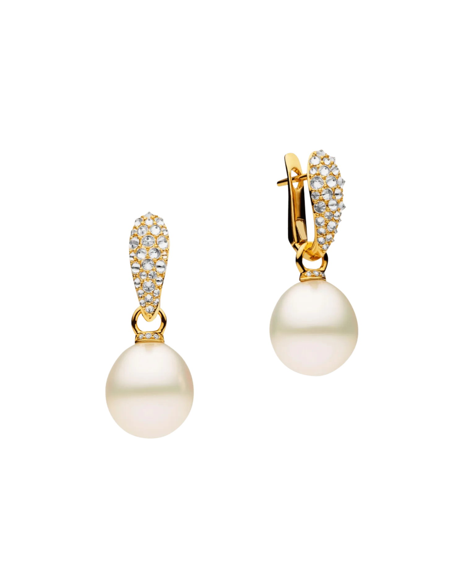 Diamond Touchstone Pearls My Way Pearl Earrings | 12mm Oval Pearls, Diamonds, and Yellow Gold