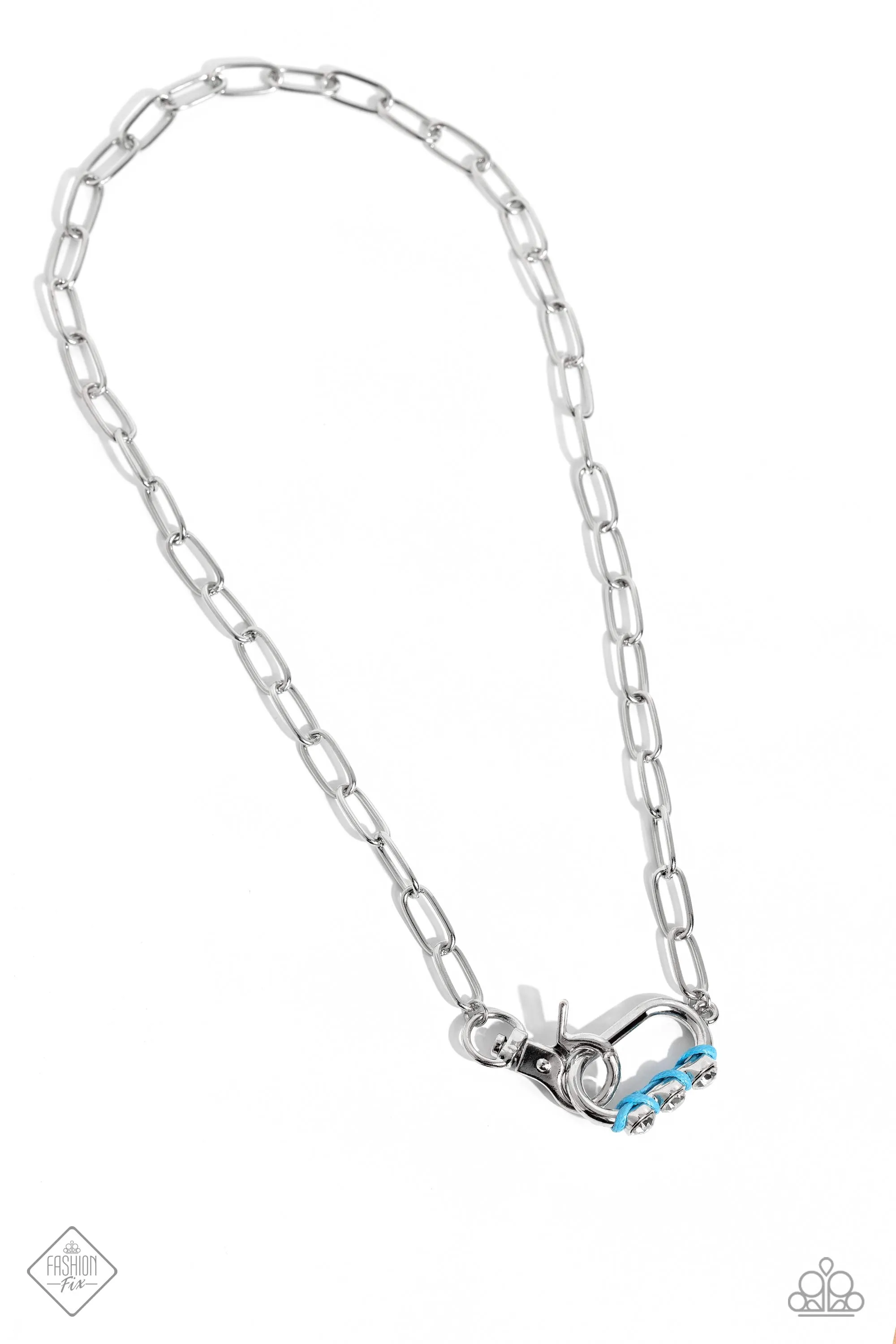 Don't Want to Miss a STRING - Blue - Cord and Rhinestone Carabiner Paparazzi Short Necklace - September 2023 Sunset Sightings