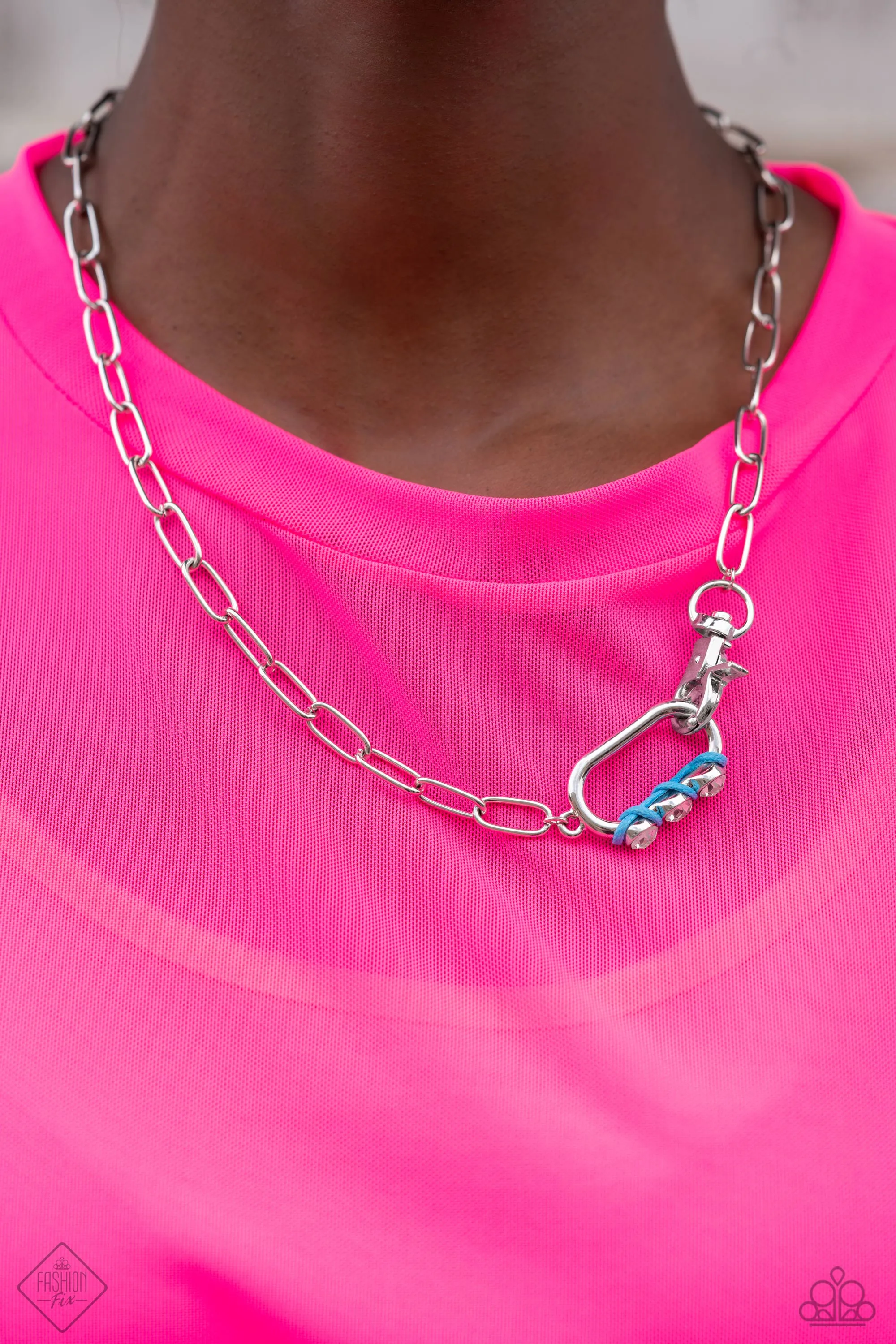Don't Want to Miss a STRING - Blue - Cord and Rhinestone Carabiner Paparazzi Short Necklace - September 2023 Sunset Sightings
