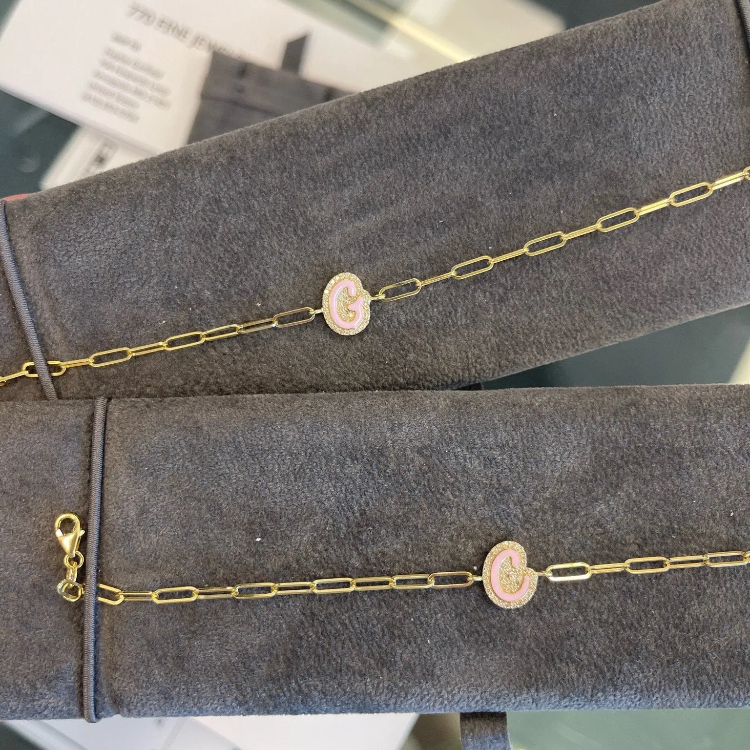 Enamel and Diamond Bubbly Initial on Thin Paper Clip Bracelet