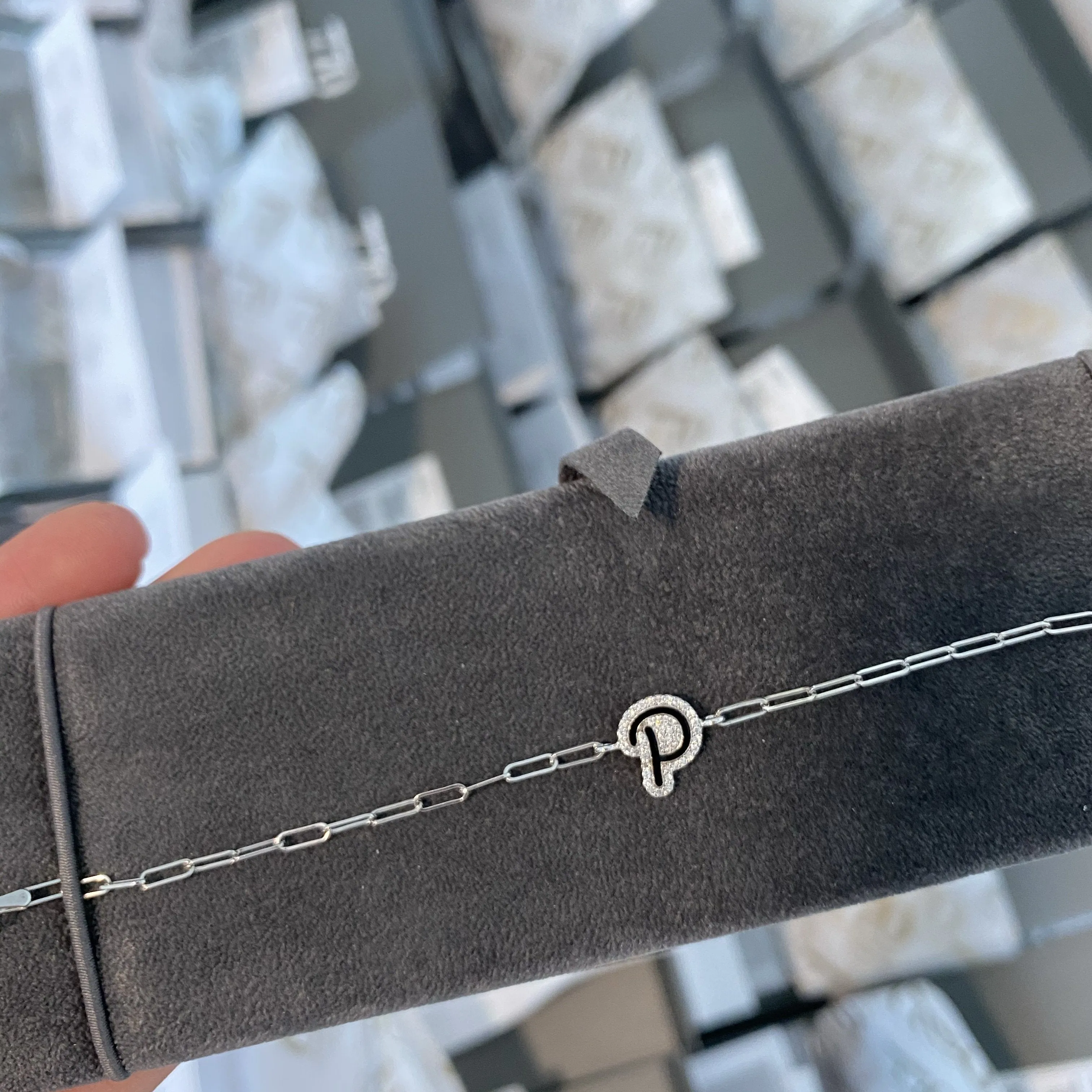 Enamel and Diamond Bubbly Initial on Thin Paper Clip Bracelet
