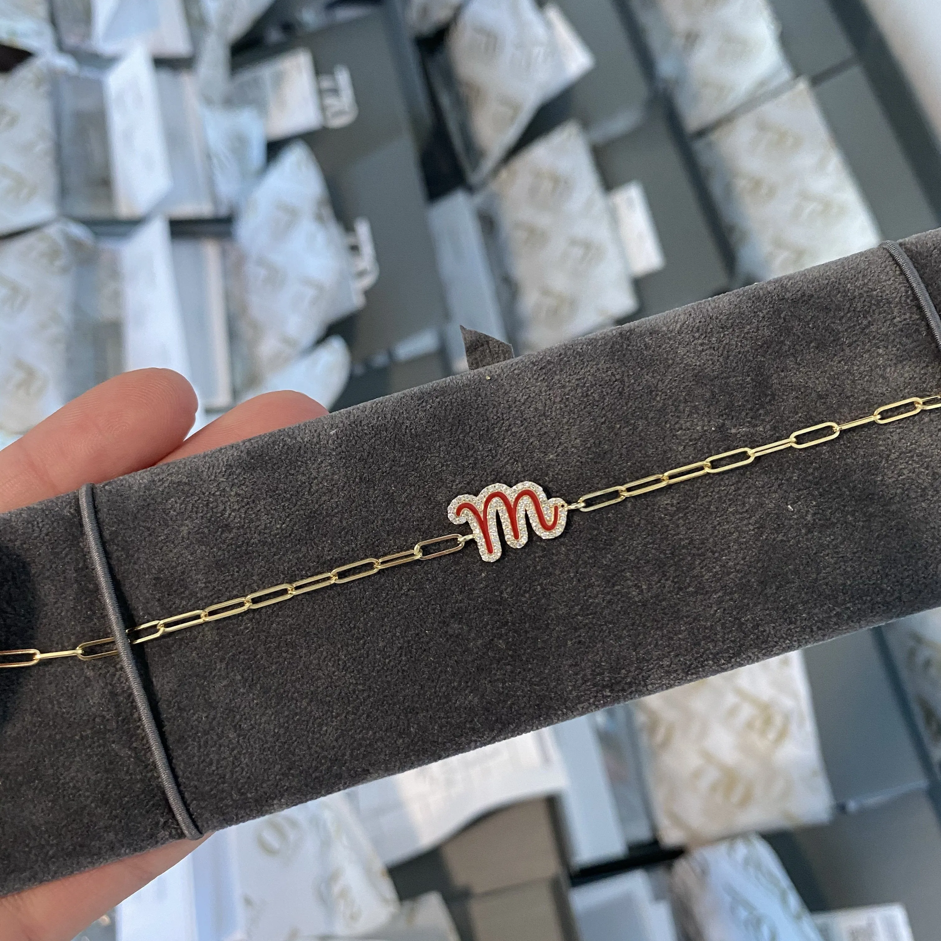 Enamel and Diamond Bubbly Initial on Thin Paper Clip Bracelet
