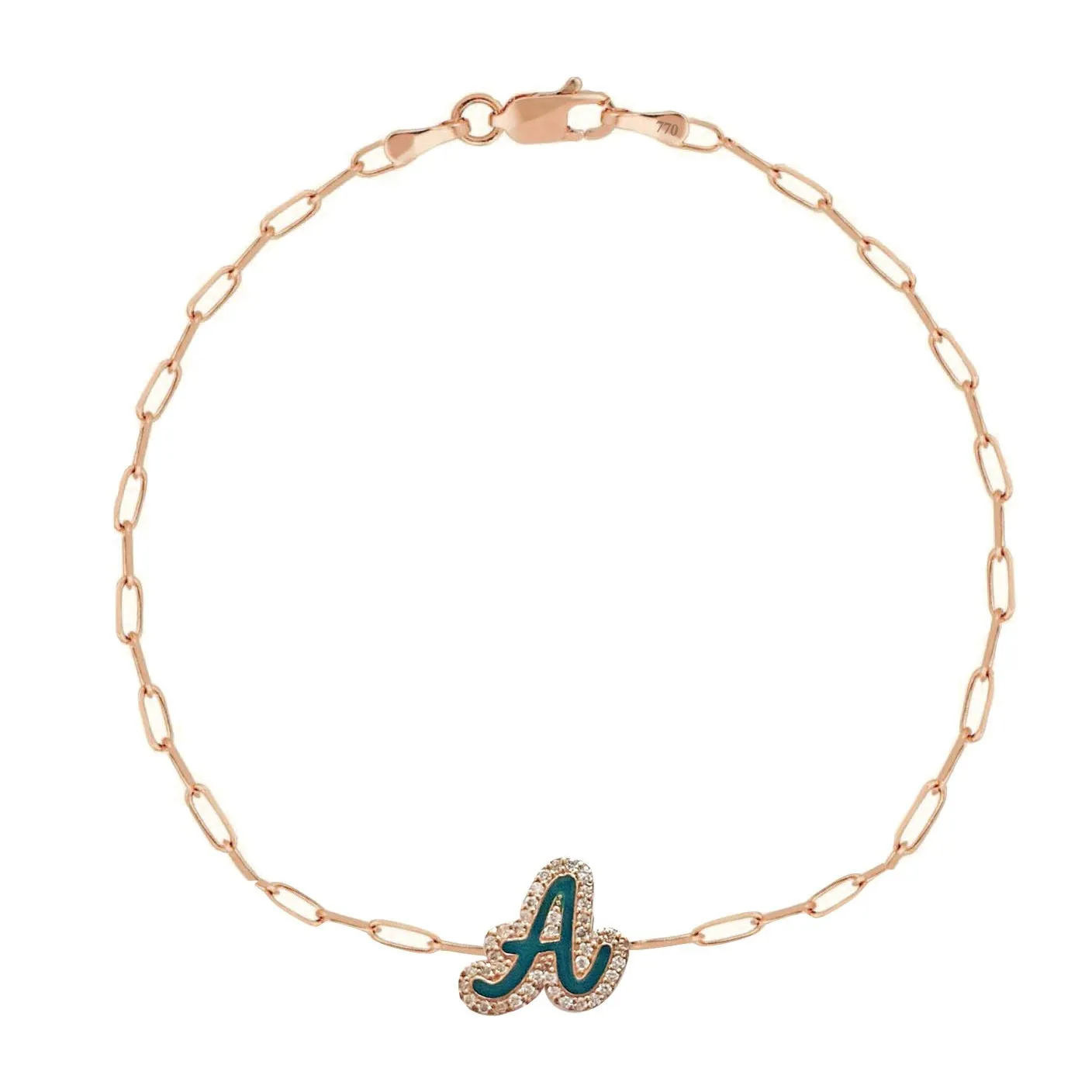 Enamel and Diamond Bubbly Initial on Thin Paper Clip Bracelet