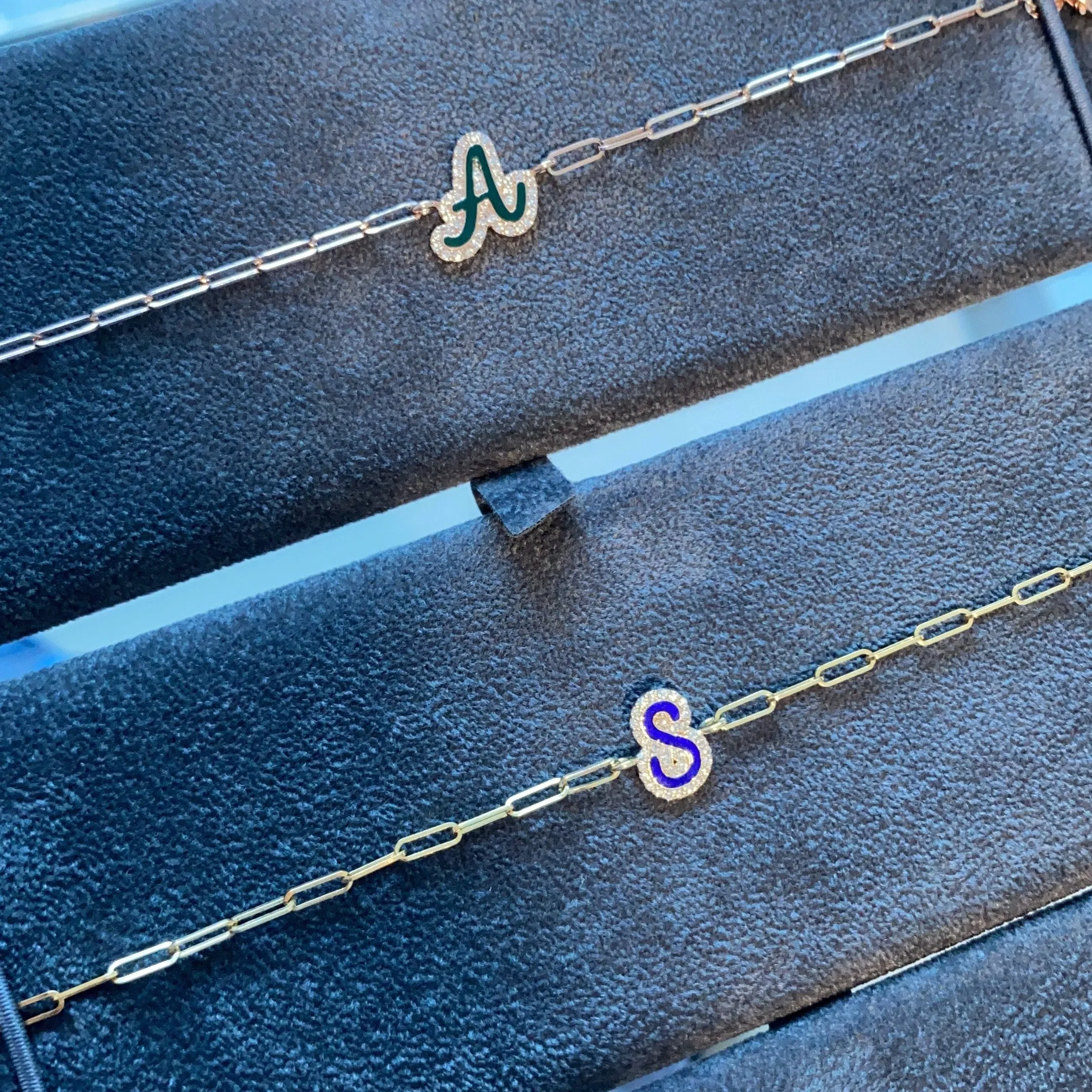 Enamel and Diamond Bubbly Initial on Thin Paper Clip Bracelet