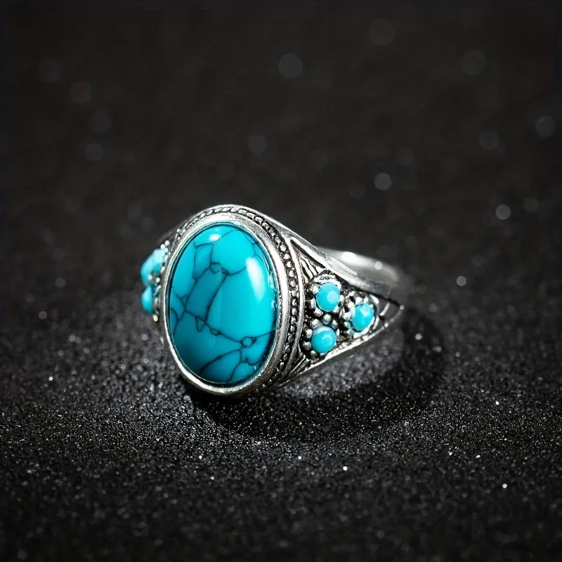 Ethnic Style Turquoise Men's Ring Ancient Silver Jewelry