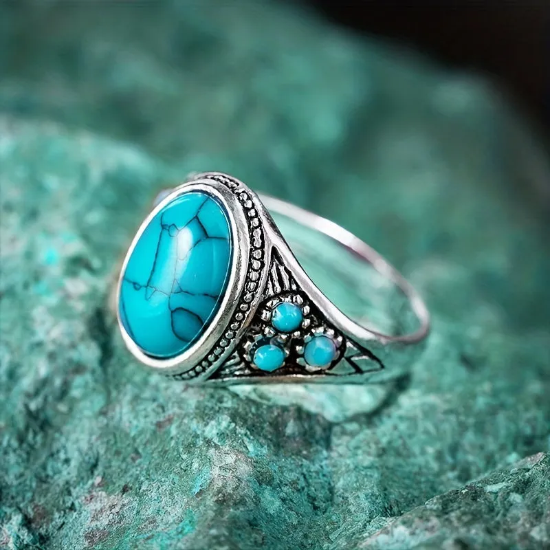 Ethnic Style Turquoise Men's Ring Ancient Silver Jewelry