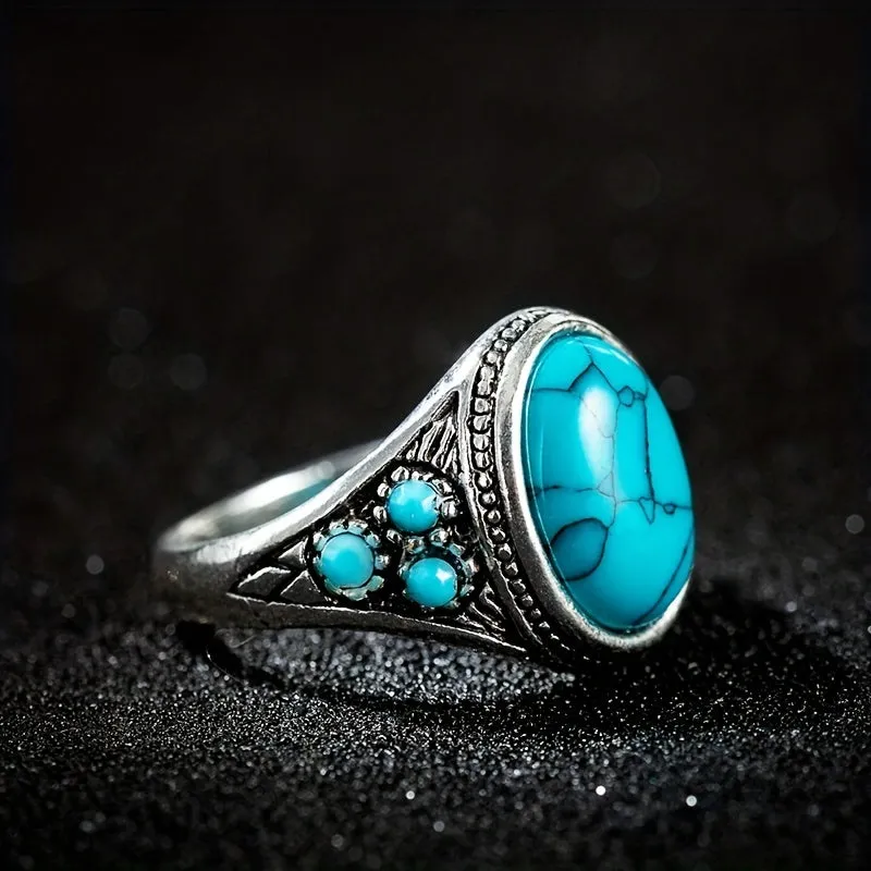 Ethnic Style Turquoise Men's Ring Ancient Silver Jewelry