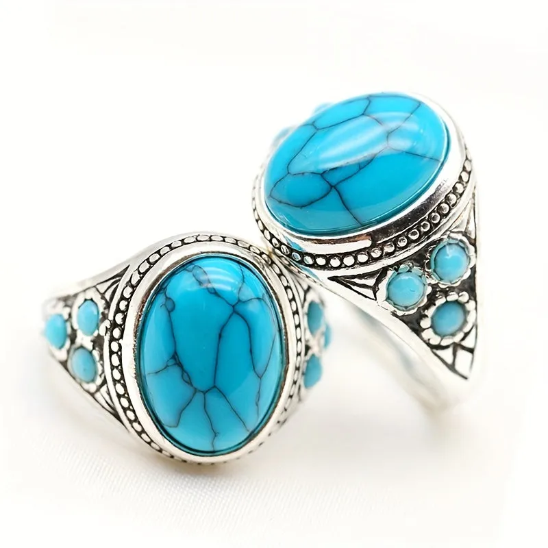 Ethnic Style Turquoise Men's Ring Ancient Silver Jewelry