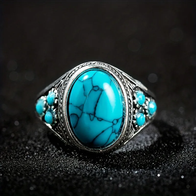 Ethnic Style Turquoise Men's Ring Ancient Silver Jewelry