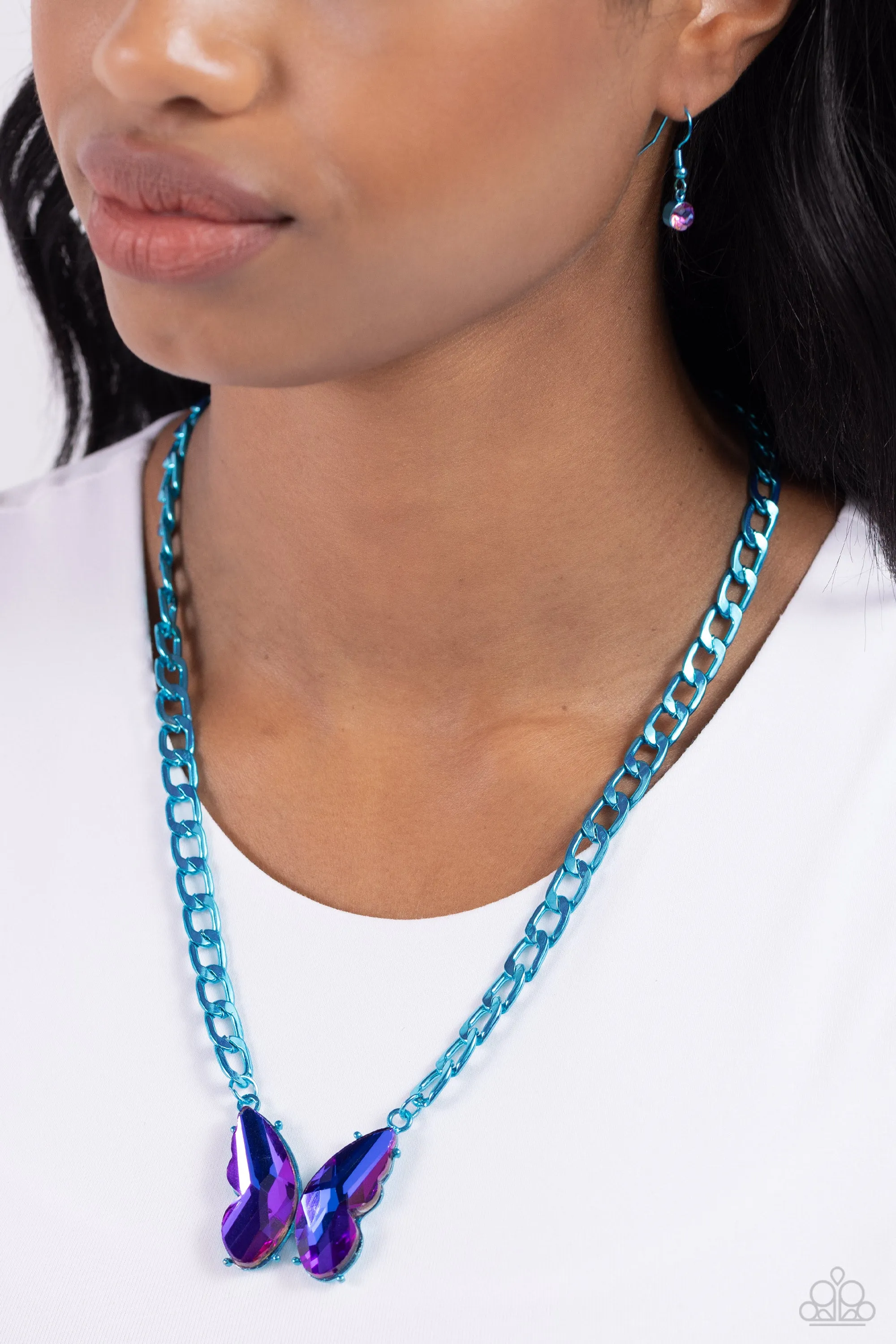 Fascinating Flyer - Blue - Oversized Gem Butterfly Curb Chain Paparazzi Short Necklace