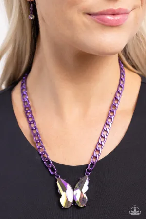 Fascinating Flyer - Purple - Oversized UV Gem Butterfly Paparazzi Short Necklace