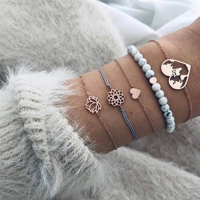 Fashion Women Bead Bracelet Set Vintage Jewelry Boho Turtle Map Charm Bracelets & Bangles For Girl Chain Mujer Accessories