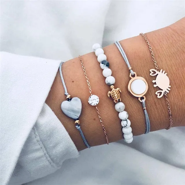 Fashion Women Bead Bracelet Set Vintage Jewelry Boho Turtle Map Charm Bracelets & Bangles For Girl Chain Mujer Accessories