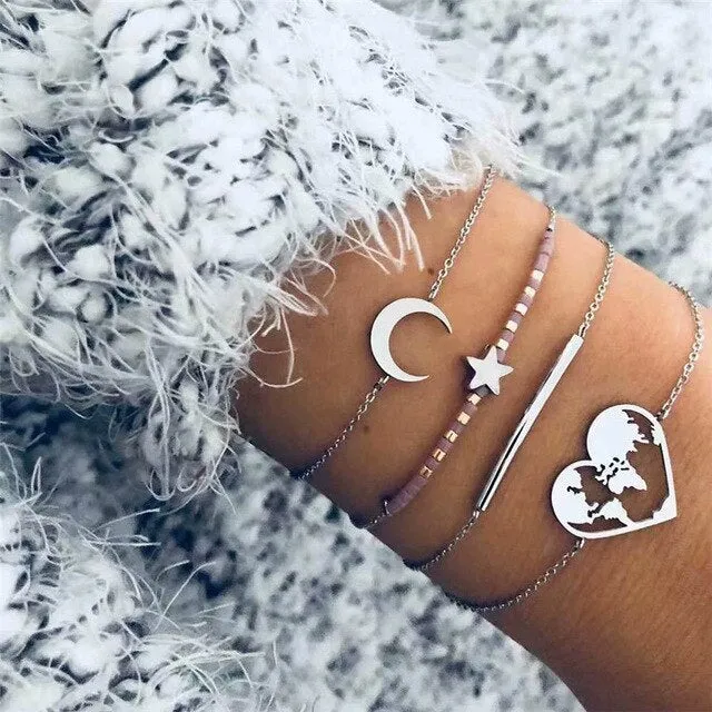 Fashion Women Bead Bracelet Set Vintage Jewelry Boho Turtle Map Charm Bracelets & Bangles For Girl Chain Mujer Accessories