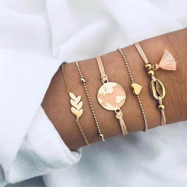 Fashion Women Bead Bracelet Set Vintage Jewelry Boho Turtle Map Charm Bracelets & Bangles For Girl Chain Mujer Accessories