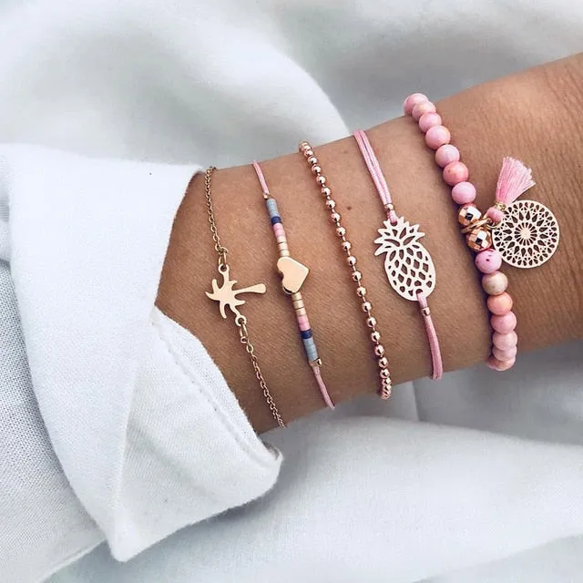 Fashion Women Bead Bracelet Set Vintage Jewelry Boho Turtle Map Charm Bracelets & Bangles For Girl Chain Mujer Accessories
