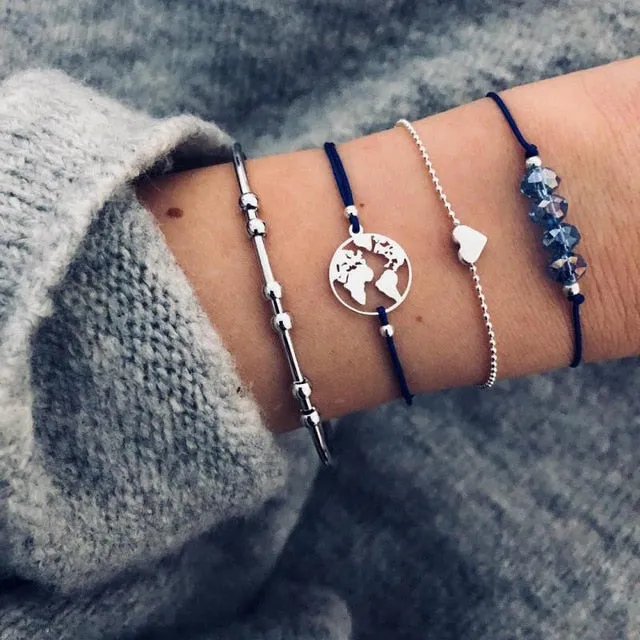Fashion Women Bead Bracelet Set Vintage Jewelry Boho Turtle Map Charm Bracelets & Bangles For Girl Chain Mujer Accessories