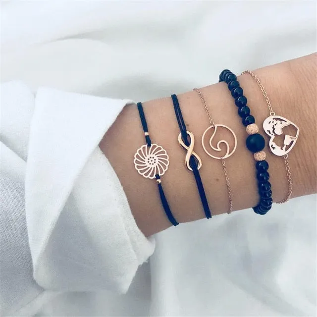 Fashion Women Bead Bracelet Set Vintage Jewelry Boho Turtle Map Charm Bracelets & Bangles For Girl Chain Mujer Accessories