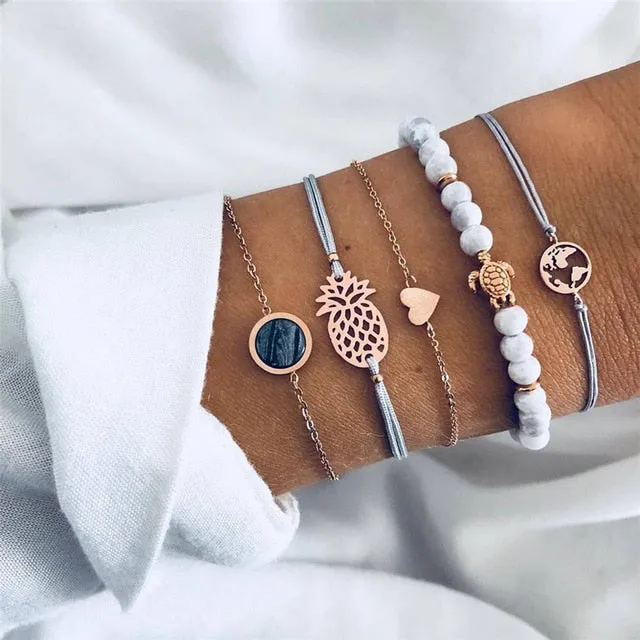 Fashion Women Bead Bracelet Set Vintage Jewelry Boho Turtle Map Charm Bracelets & Bangles For Girl Chain Mujer Accessories
