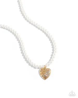 Filigree Infatuation - Gold - Filigree Heart White Pearl Paparazzi Short Necklace