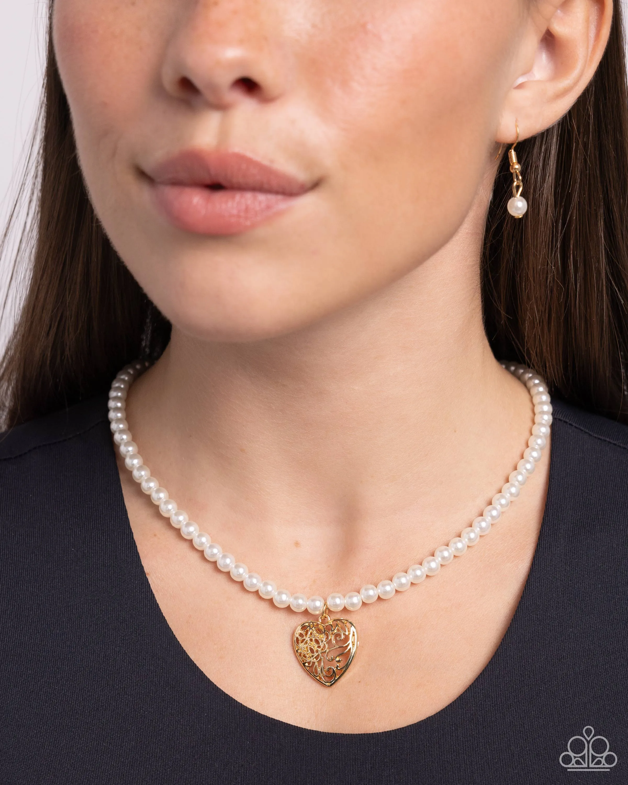 Filigree Infatuation - Gold - Filigree Heart White Pearl Paparazzi Short Necklace