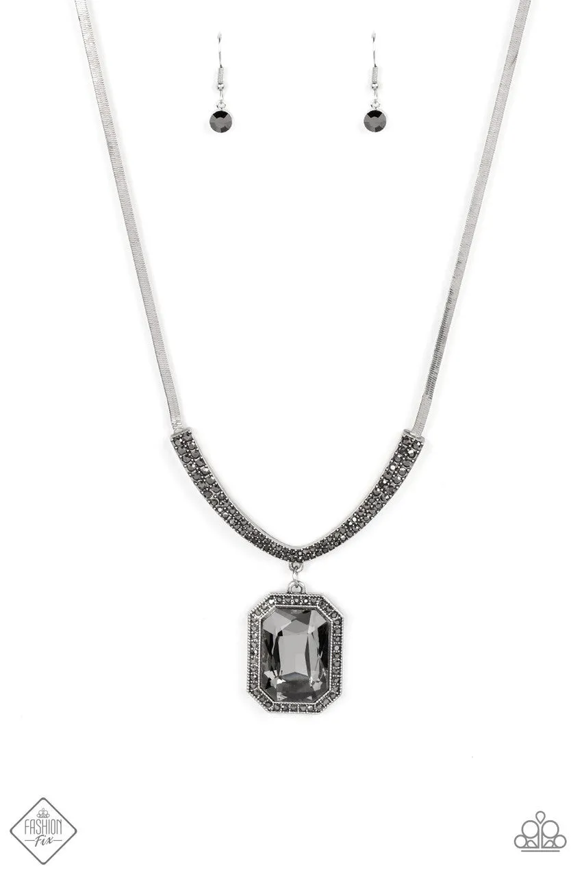 Fit for a DRAMA Queen - Silver - Emerald Cut Hematite Gem Paparazzi Short Necklace - August 2022 Magnificent Musings Fashion Fix