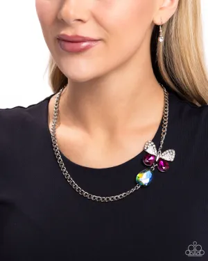 Fluttering Finesse - Multi - Oil Spill Teardrop Gem Pink and White Butterfly Paparazzi Short Necklace