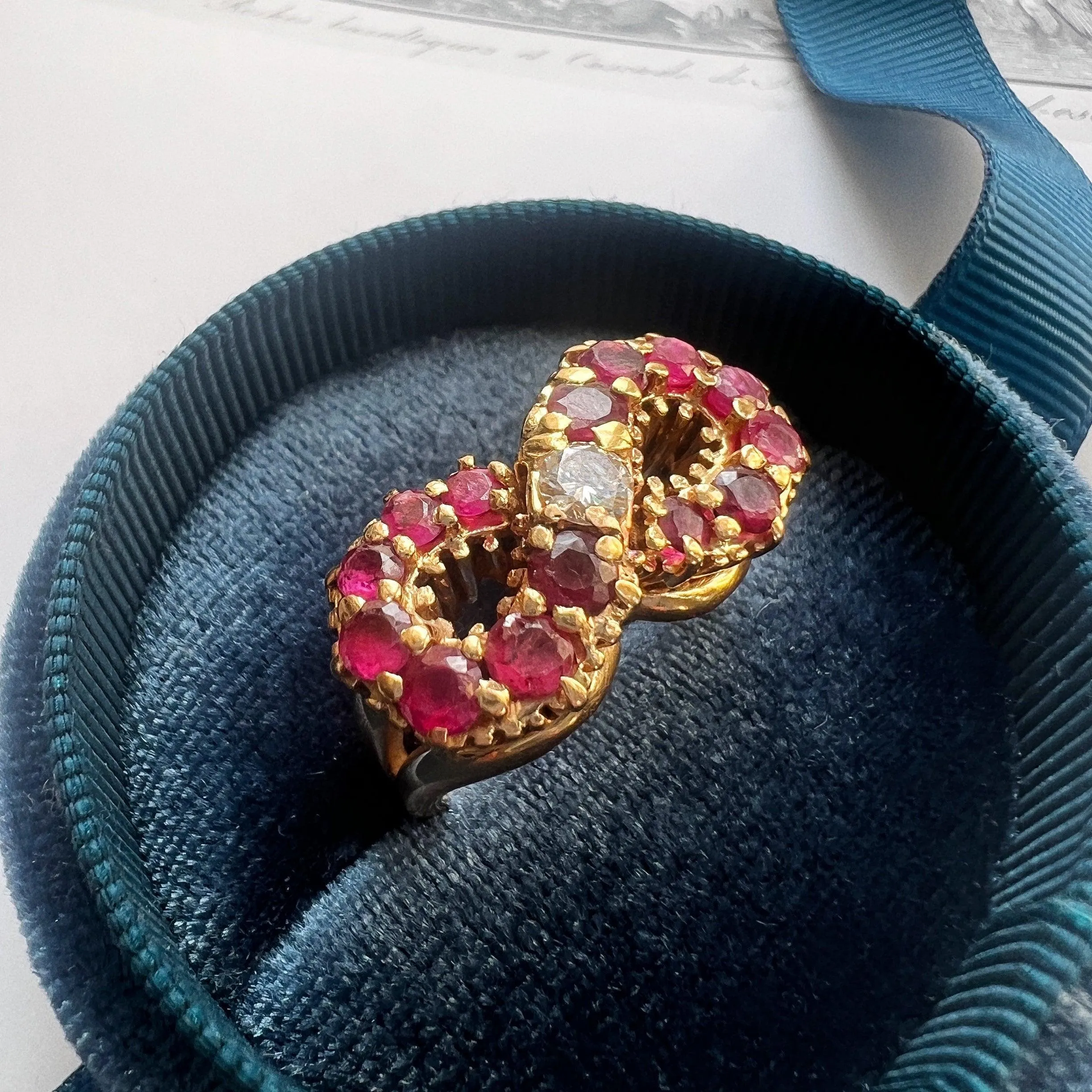 French vintage 18K gold retro cocktail ruby diamond eternity ring