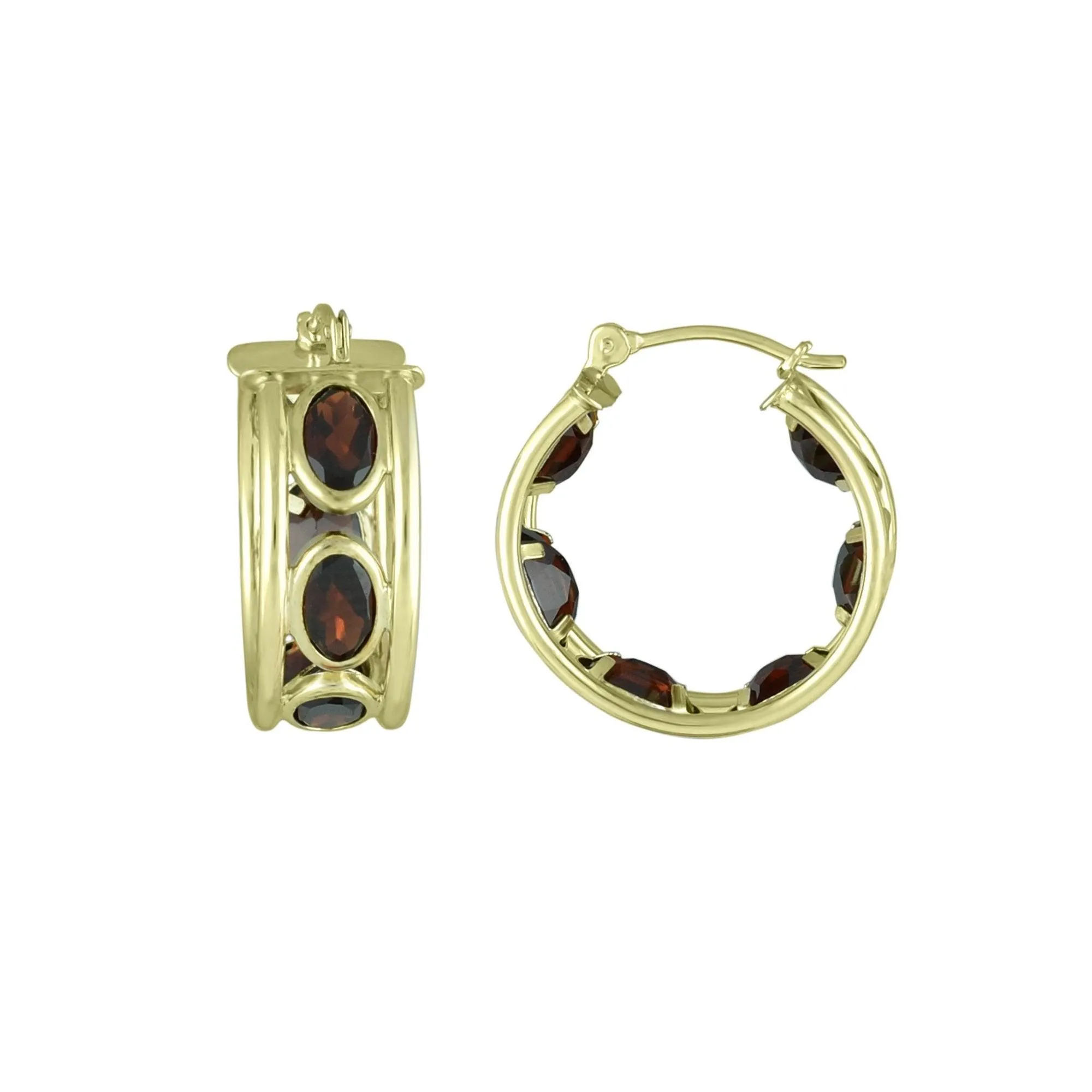 Garnet Huggy Hoop Fashion Earrings in 10K Yellow Gold