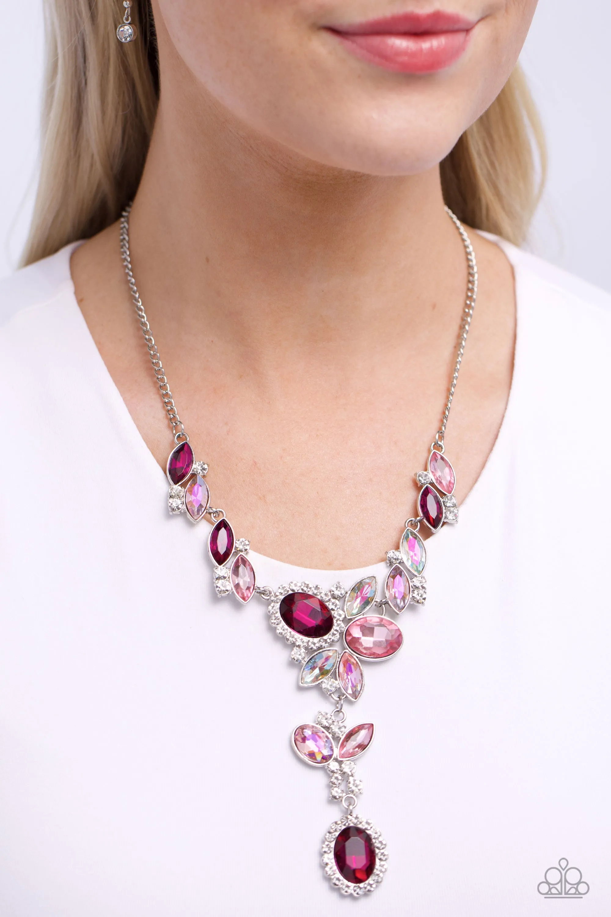 Generous Gallery - Pink - and Iridescent Gem Cluster Paparazzi Short Statement Necklace