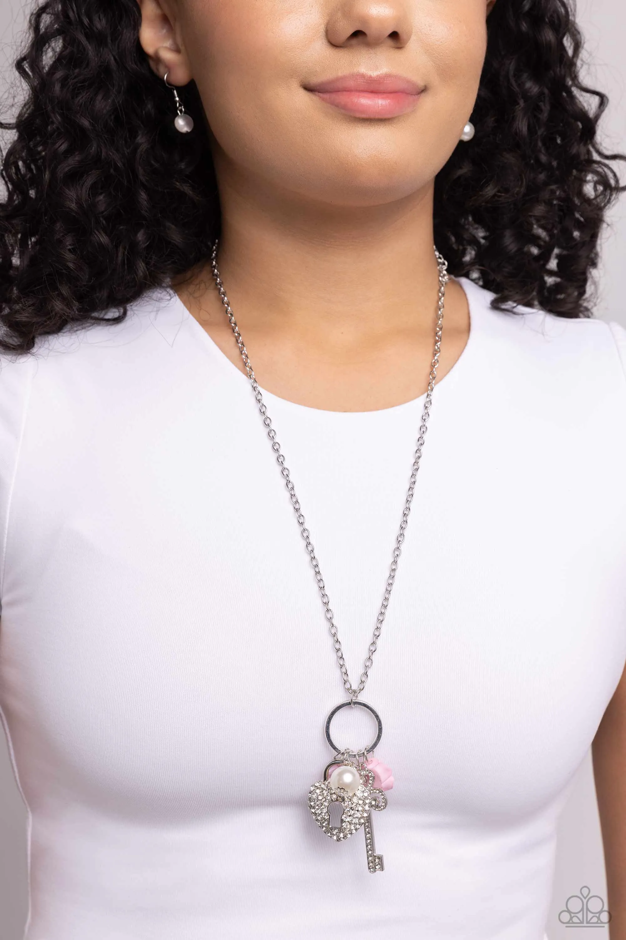Girly Gathering - Pink - Resin Rose, Baroque Pearl, White Rhinestone Encrusted Key and Heart Lock Paparazzi Necklace
