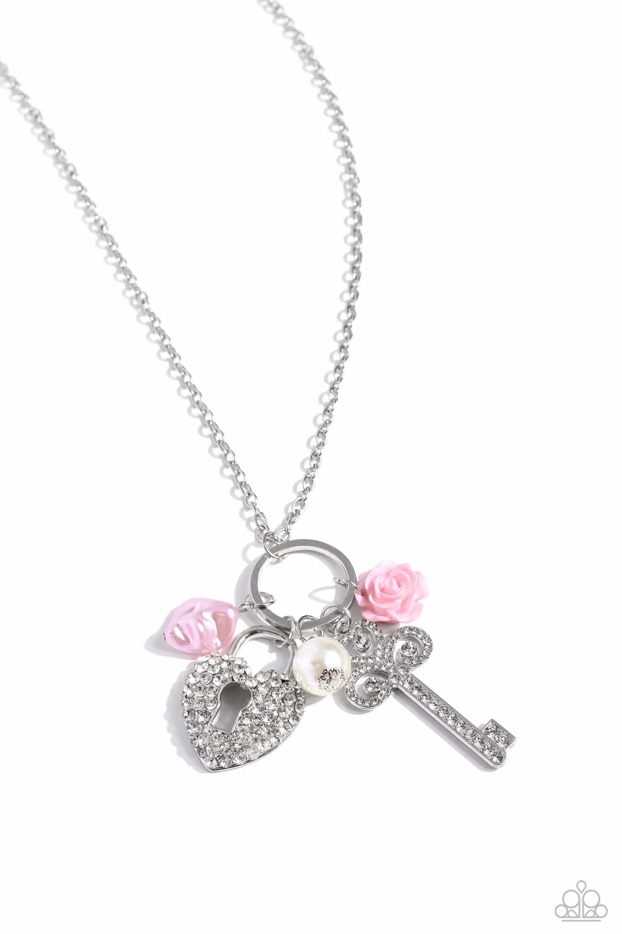 Girly Gathering - Pink - Resin Rose, Baroque Pearl, White Rhinestone Encrusted Key and Heart Lock Paparazzi Necklace