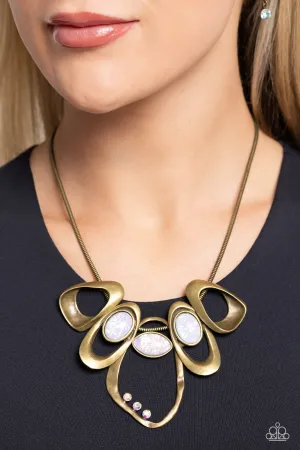 Gleaming Gala - Brass - White Opalescent Gem Paparazzi Short Statement Necklace