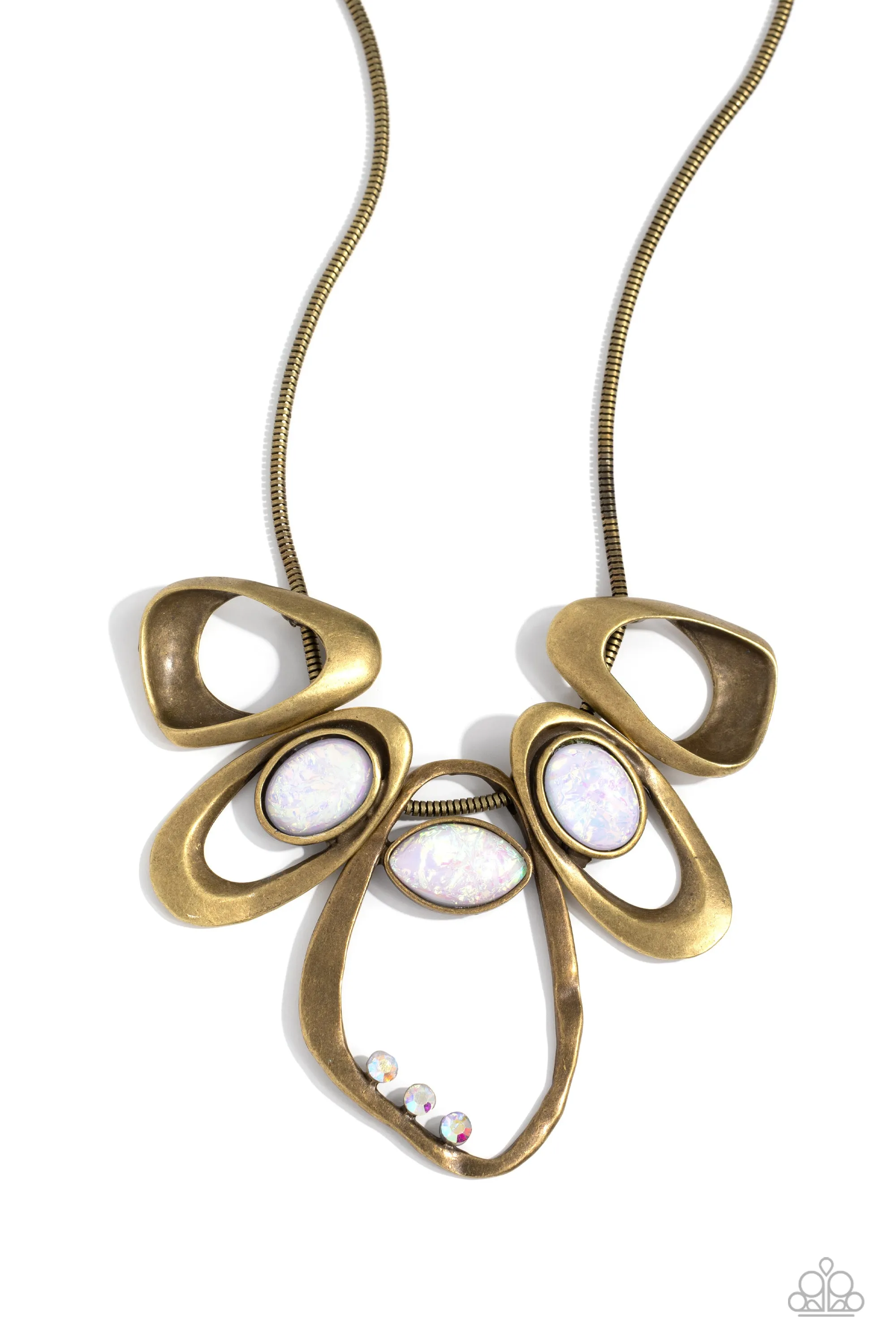 Gleaming Gala - Brass - White Opalescent Gem Paparazzi Short Statement Necklace