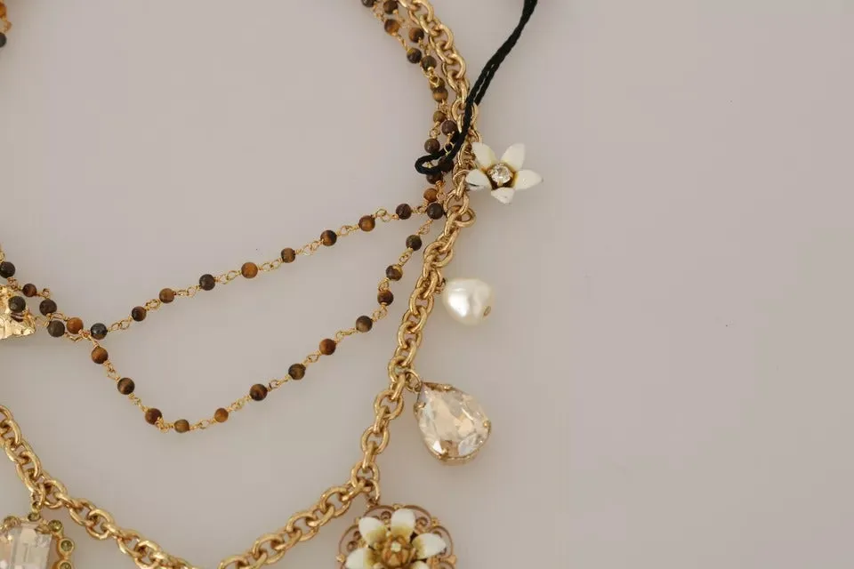 Gold Brass Crystal Floral Statement Charms Necklace