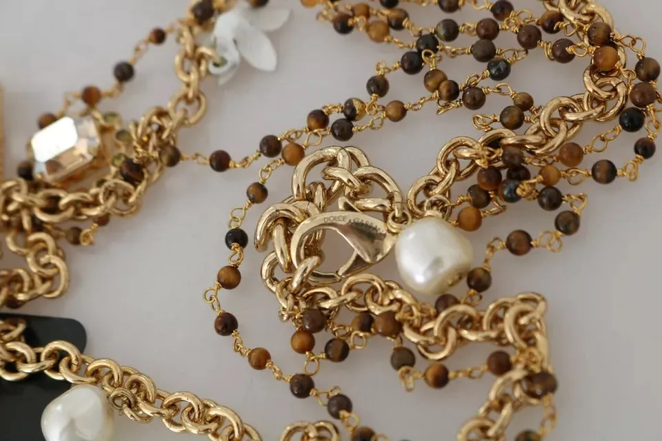 Gold Brass Crystal Floral Statement Charms Necklace