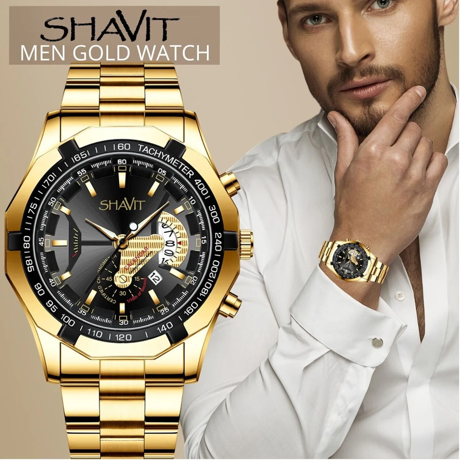 Gold Men's Watch Classic Stainless Steel Quartz Luxury Gift Wristwatch For MEN
