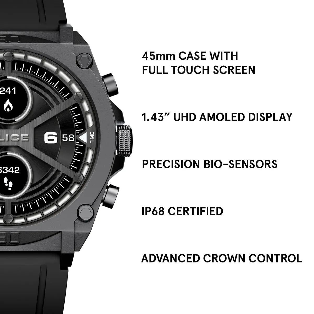 Gunmetal Case & LED Screen Smart Watch With Rubber Strap - Black