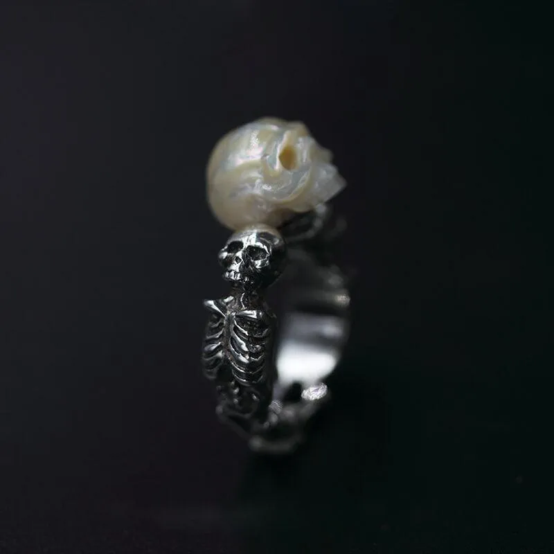 Hand Carved Skeleton Pearl Skull Double Body Ring