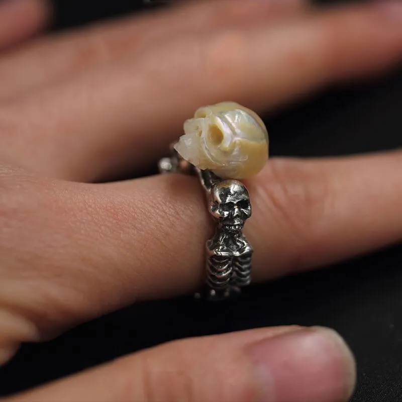 Hand Carved Skeleton Pearl Skull Double Body Ring