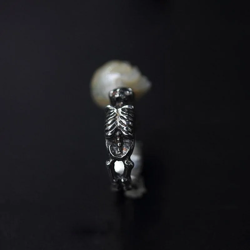 Hand Carved Skeleton Pearl Skull Double Body Ring