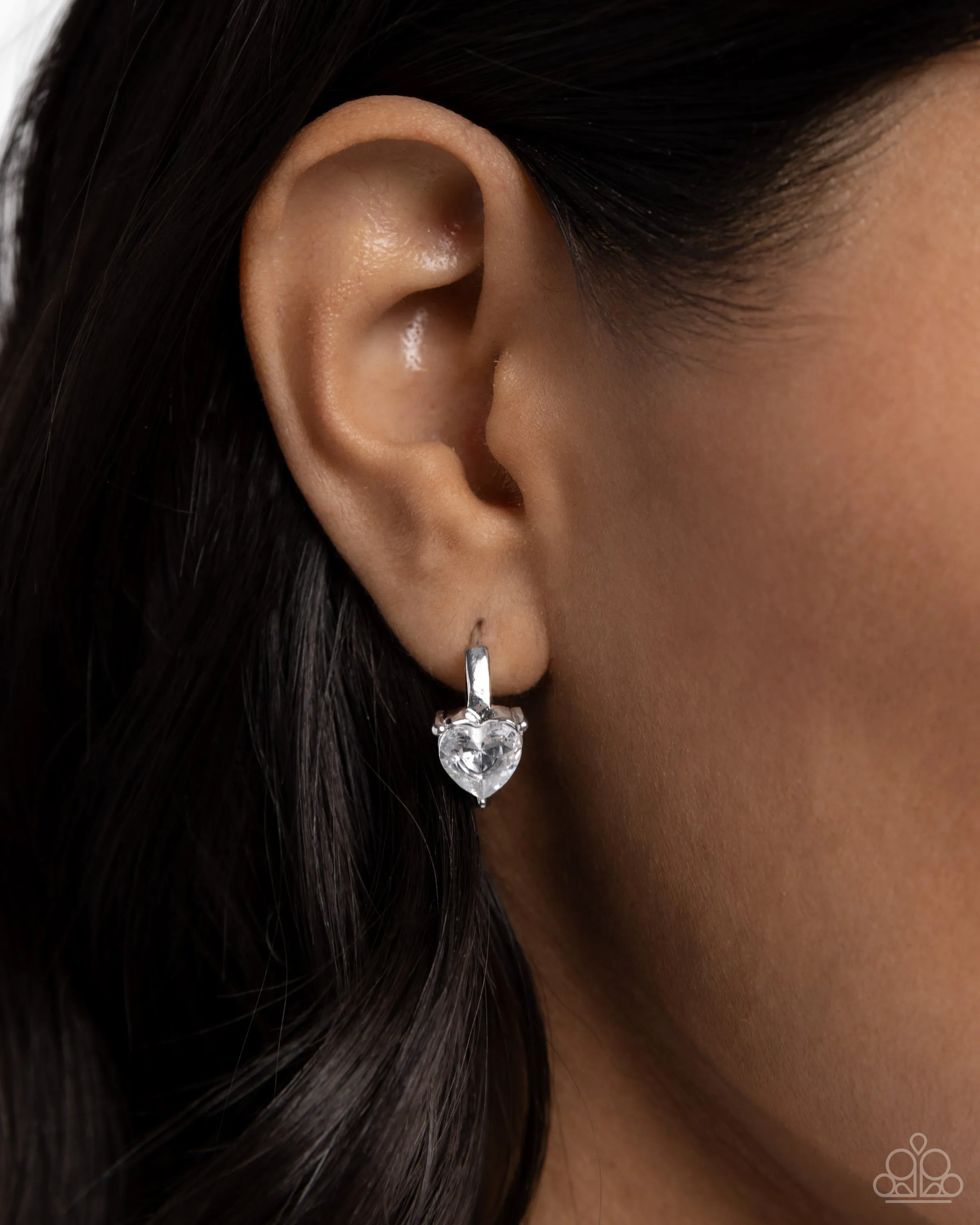 High Nobility - White - Heart Gem Paparazzi Hinge Hoop Earrings