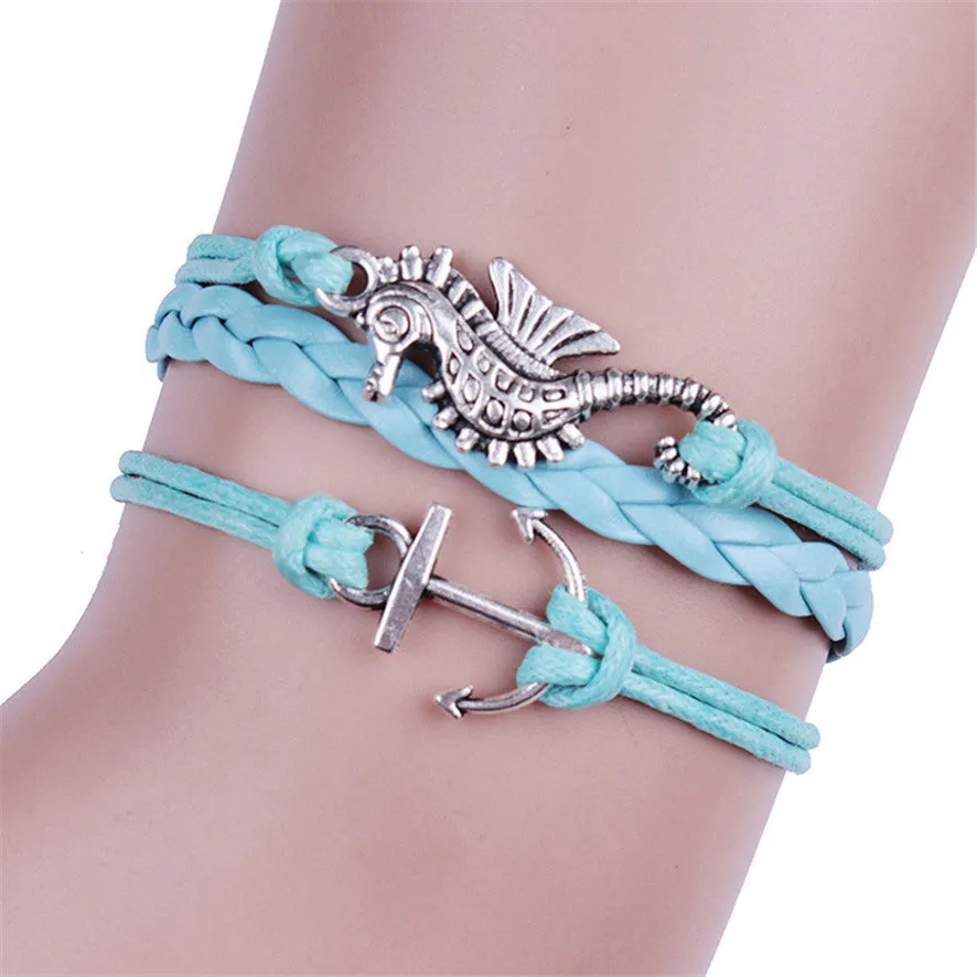 HOT Bran Hippocampus Anchors Infinity Leather Cute Charm Bracelet Bronze DIY