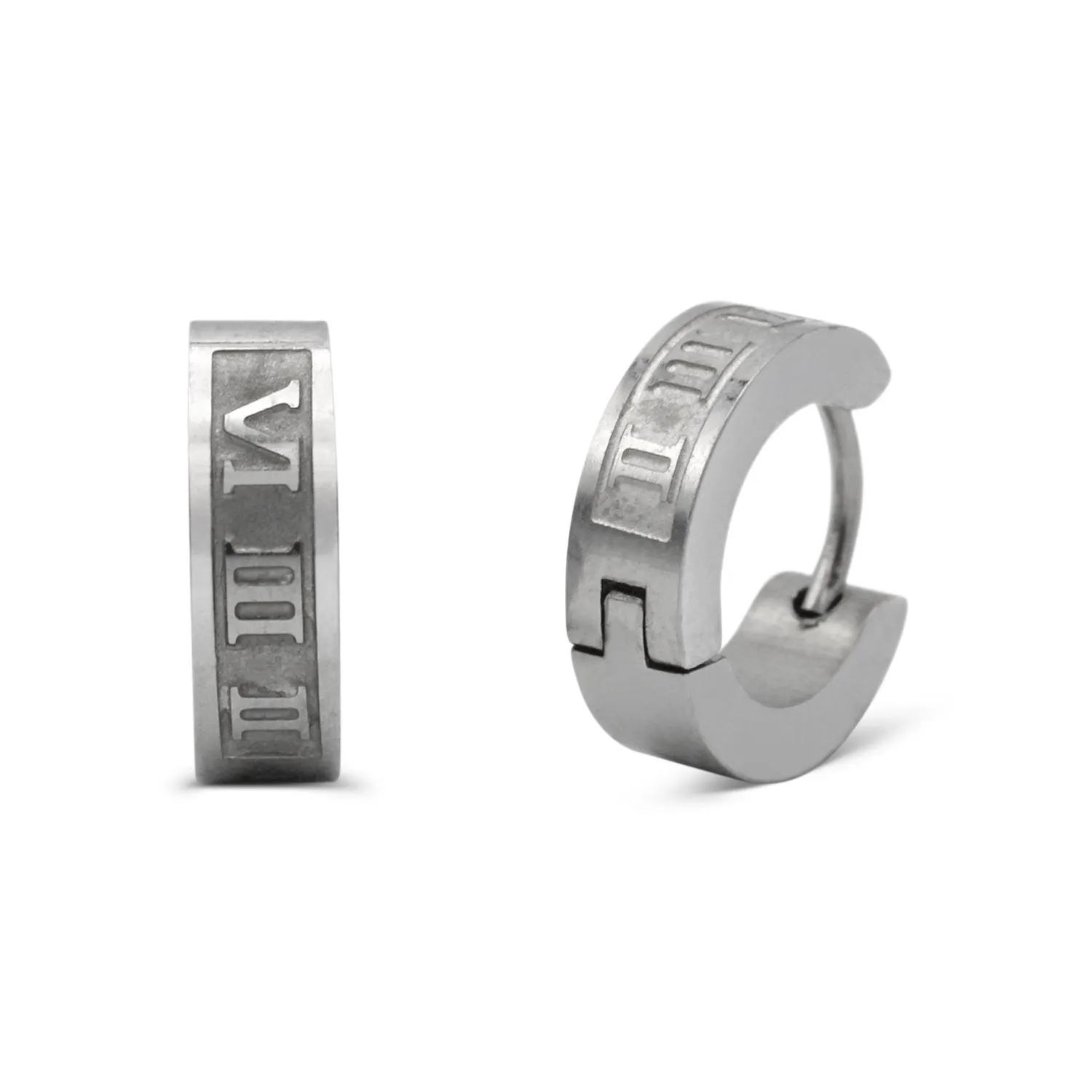 Huggie Hoop Stainless Steel Earrings with Roman Numeral Design