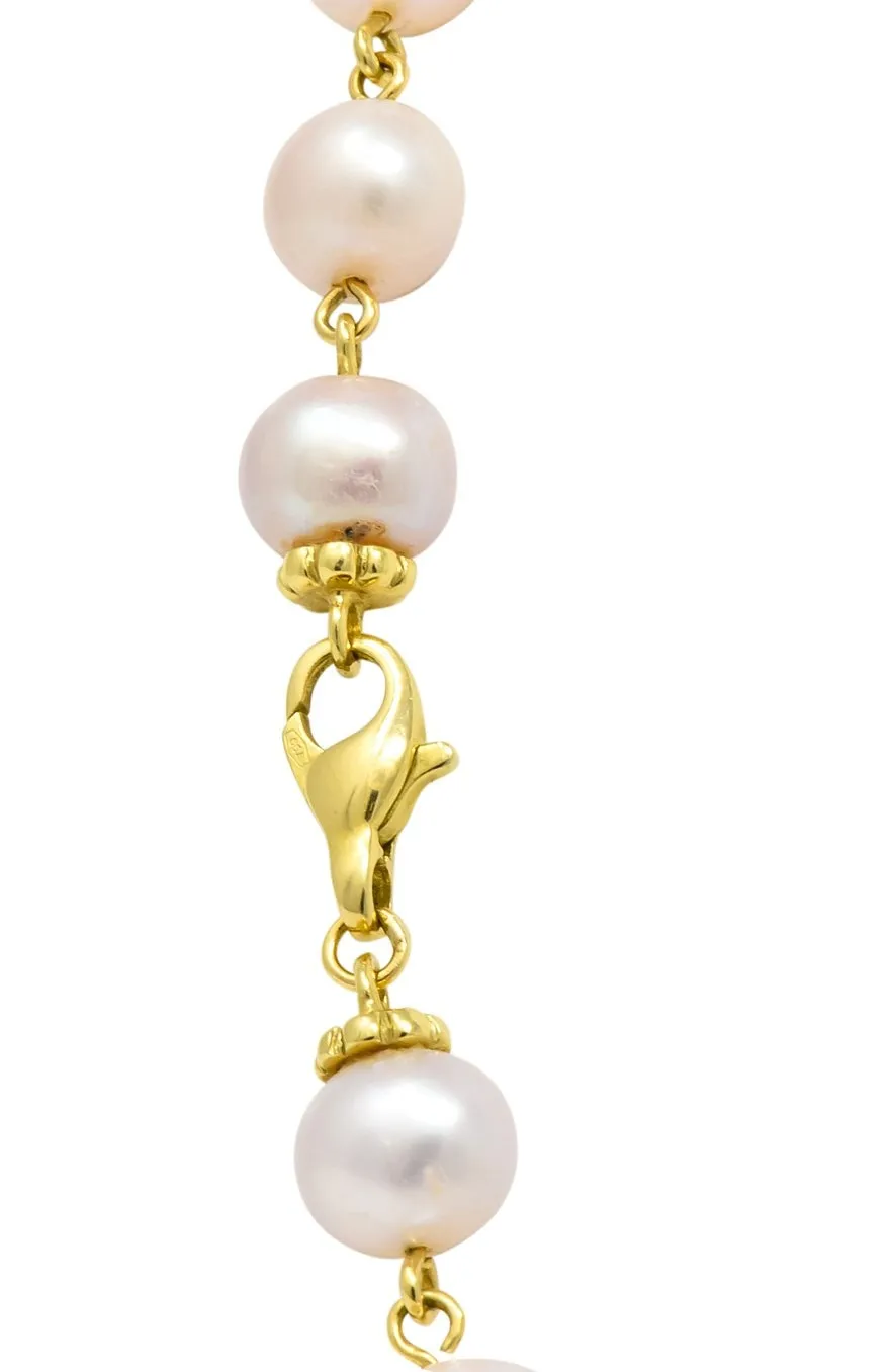 Italian Cultured Pearl 18 Karat Yellow Gold Station Necklace