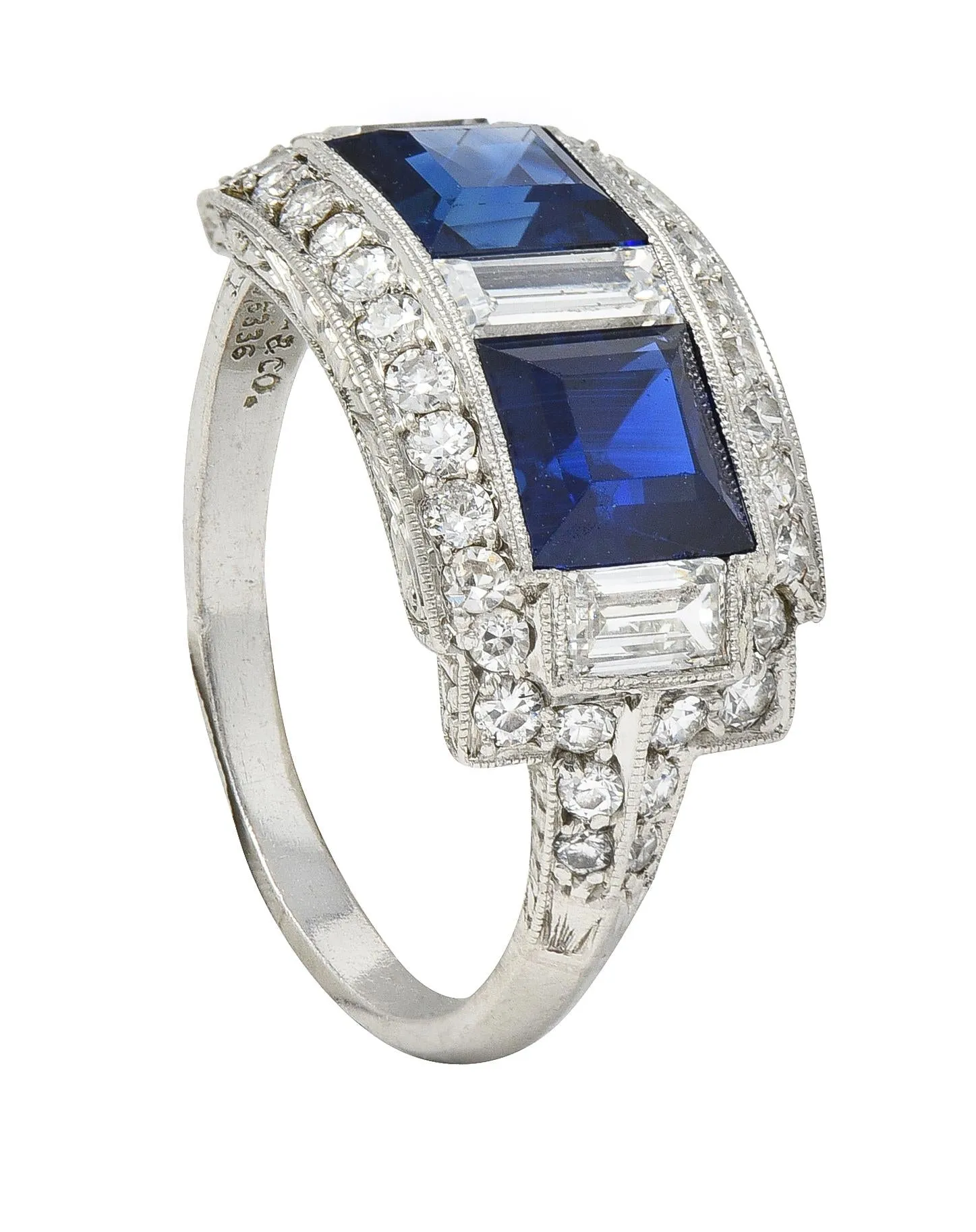 J.E. Caldwell & Co. 1949 2.76 CTW No Heat Sapphire Diamond Platinum Vintage Band Ring GIA