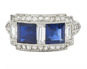 J.E. Caldwell & Co. 1949 2.76 CTW No Heat Sapphire Diamond Platinum Vintage Band Ring GIA